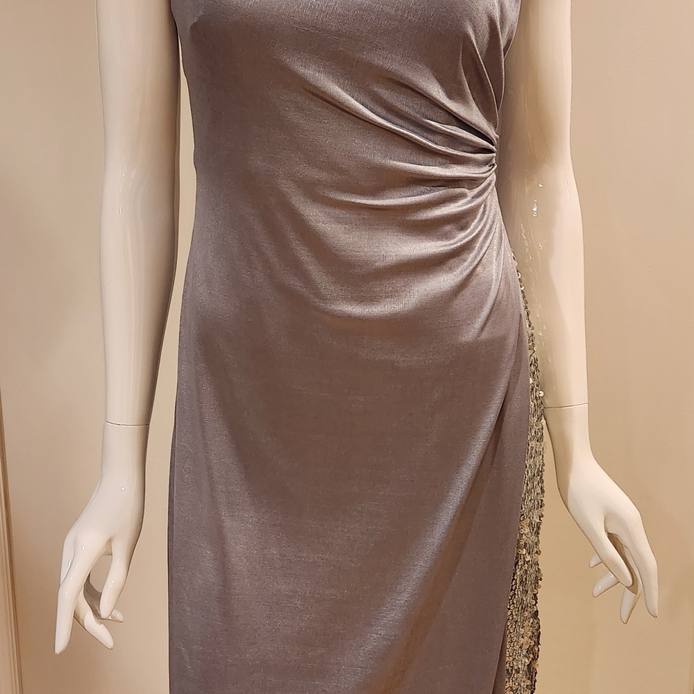 Adrianna Papell Asymmetrical Gray Dress with Silver Accents